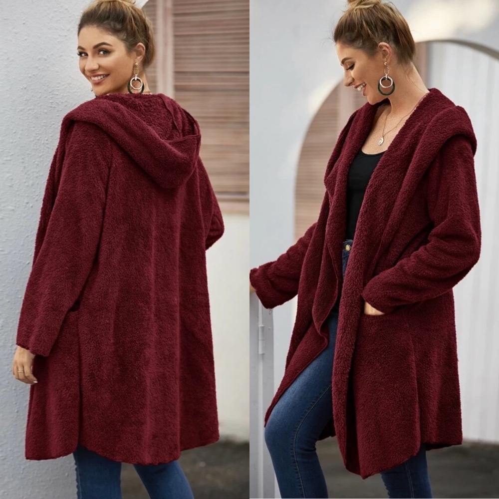 Gray Hooded long teddy coat jacket faux fur soft - Picture 3 of 6